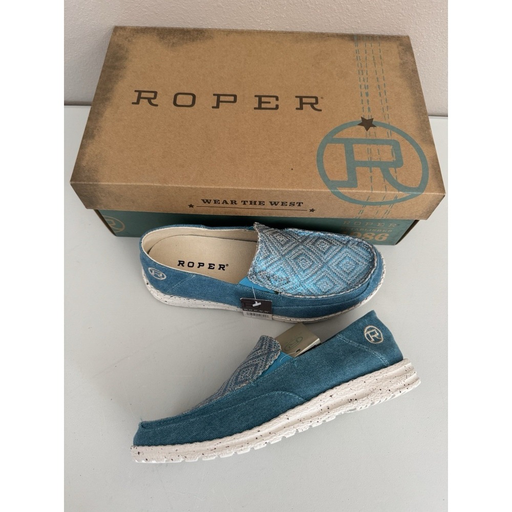Roper Slip On Moccasins Womens 6 Blue Hang Loose Cruiser Shoes Aztec Western